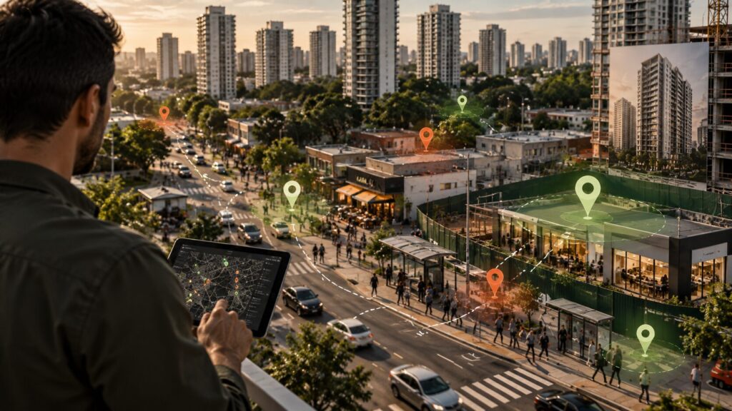Pessoa observando o território imobiliário pelo tablet, com marcações de pontos de interesse e movimento sobreposto à vista da rua