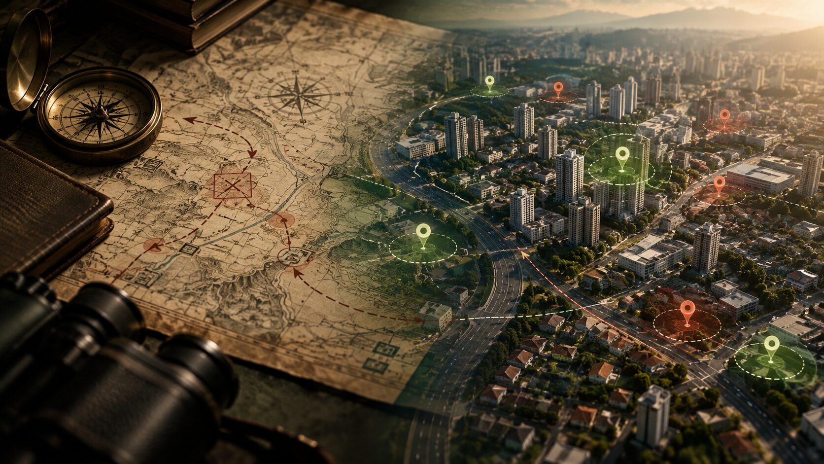 Mapa antigo com bússola se transformando em vista aérea de bairro urbano com marcações de território, representando a metodologia Defesa de Território Imobiliário