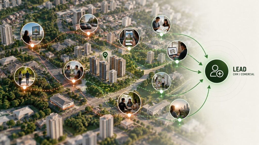 Vista aérea de um bairro com empreendimento imobiliário e pessoas em diferentes momentos da jornada no território — outdoor, celular, conversa, visita — convergindo para o lead no CRM